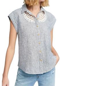 Anthropologie Maeve Linen Camp Striped Lace Blouse Size S